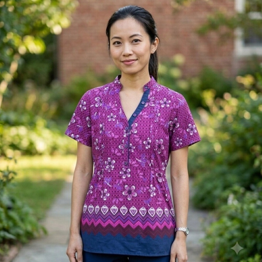 WonderWink Floral Scrub Top Womens XS Purple Blue Pockets Cinched Cotton Uniform